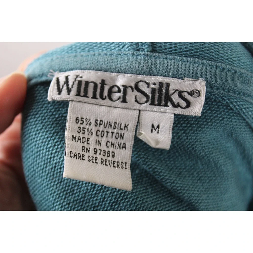 WinterSilks M Teal Blue Spun Silk Cotton V-Neck Hoodie Kangaroo Pocket Raw Hem - Picture 5 of 8